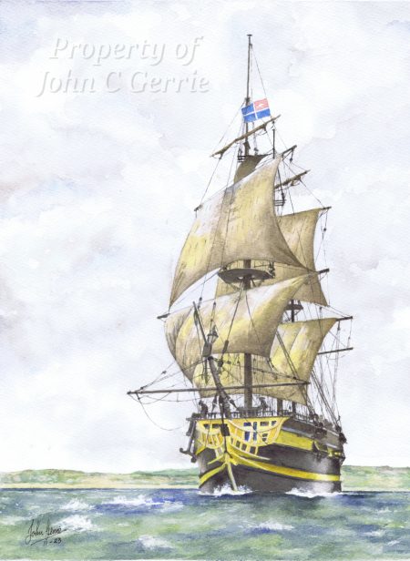 Collieston Village (Original) The Privateer: an image of a tall ship in full sail