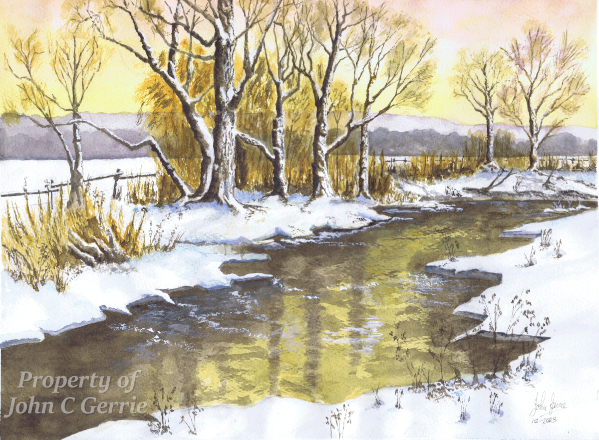 Winter Tranquillity Winter Tranquillity a painting showing a river in winter with snow on the riverbanks