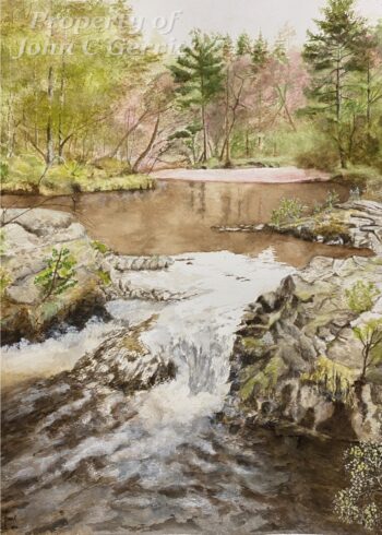 Winter Tranquillity Painting of river with waterfall surrounded by trees