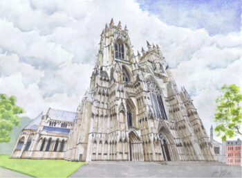 Dunnottar Entrance Watercolour and ink painting of York Minster West Front in York, shown in a dramatic upward perspective with detailed Gothic stonework and a soft blue sky.