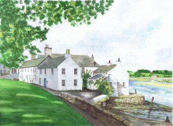 Harbour Street Crail (Original) Original watercolour of white cottages beside calm water with green trees and a stone wall