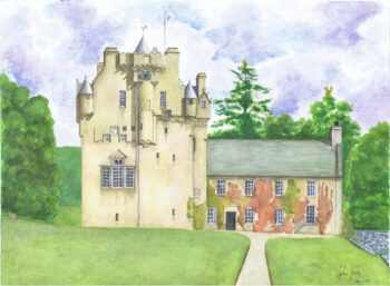Watercolour painting of Crathes Castle in Aberdeenshire shown from the front, with a pale tower, red ivy on the lower wing, green lawn, central path and soft blue-purple sky.