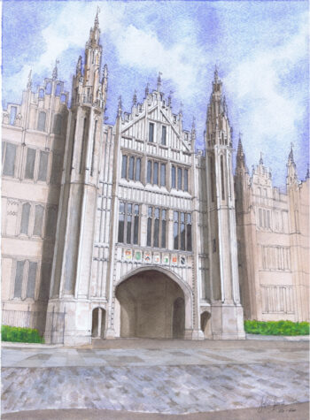 Fordyce Castle Pen, ink and watercolour painting of the main entrance to Marischal College in Aberdeen, showing the granite faรงade, Gothic towers, entrance arch, coloured shields, paving and blue sky.